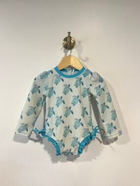 Caden Lane Tropical Turtles Blue Long Sleeve Rashguard Swimsuit Ruffles 2T